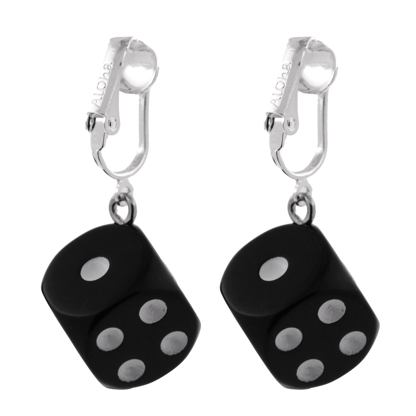 Black Dice Silver Clip On Dangling Earrings