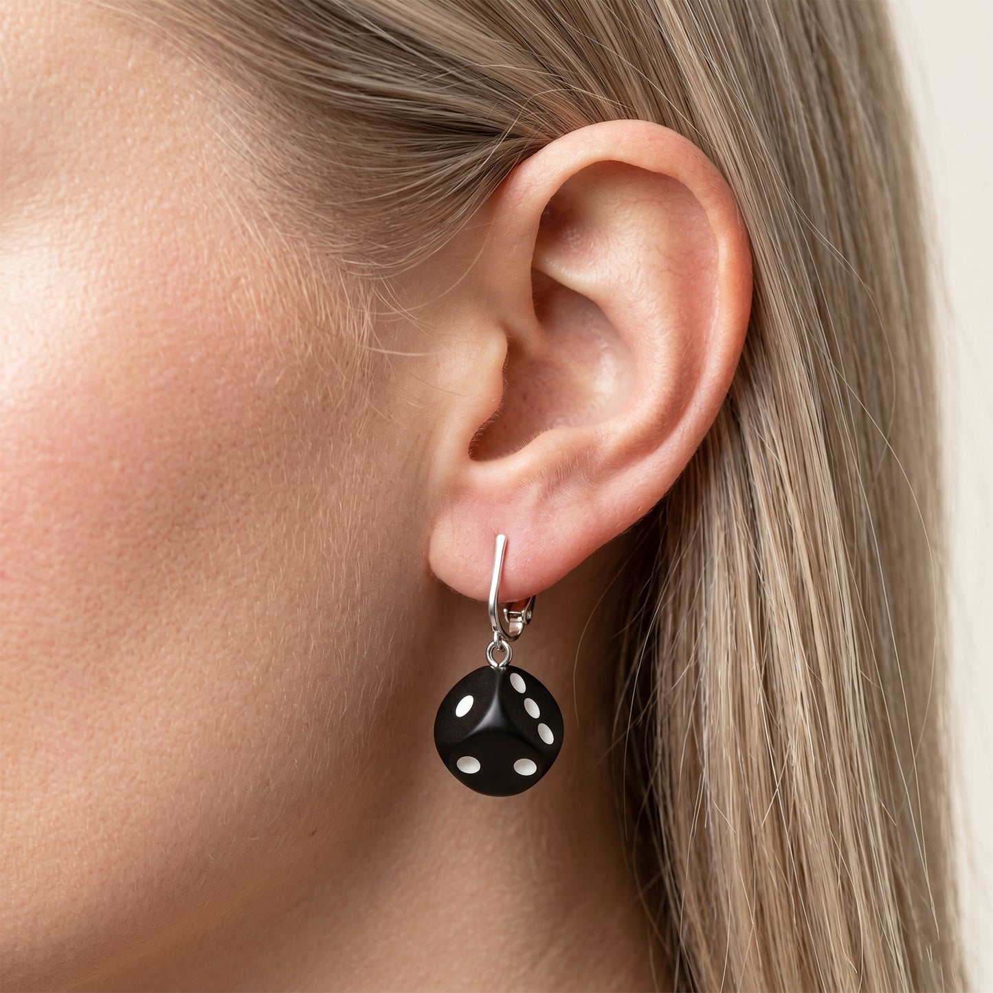 Black Dice Silver Clip On Dangling Earrings