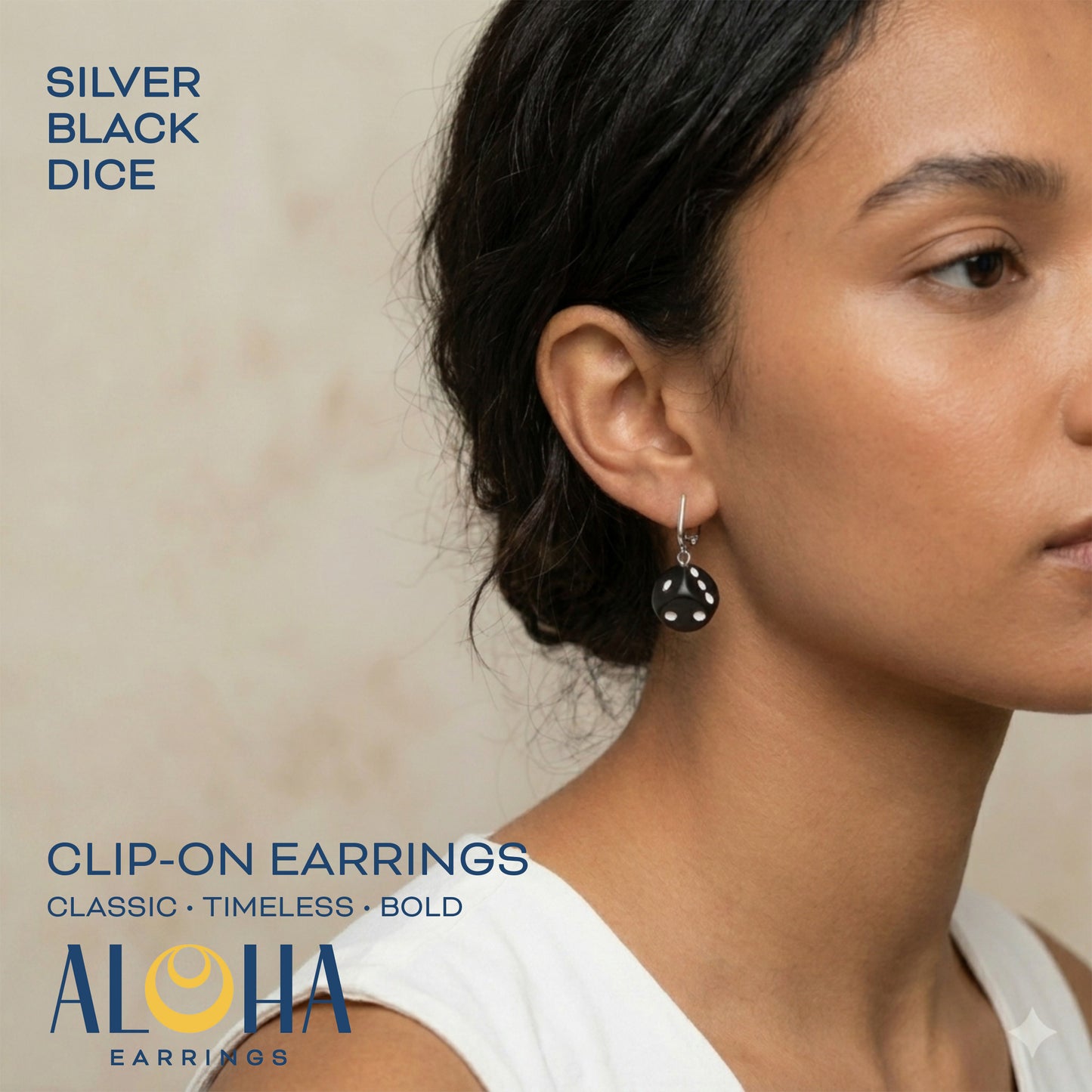 Black Dice Silver Clip On Dangling Earrings