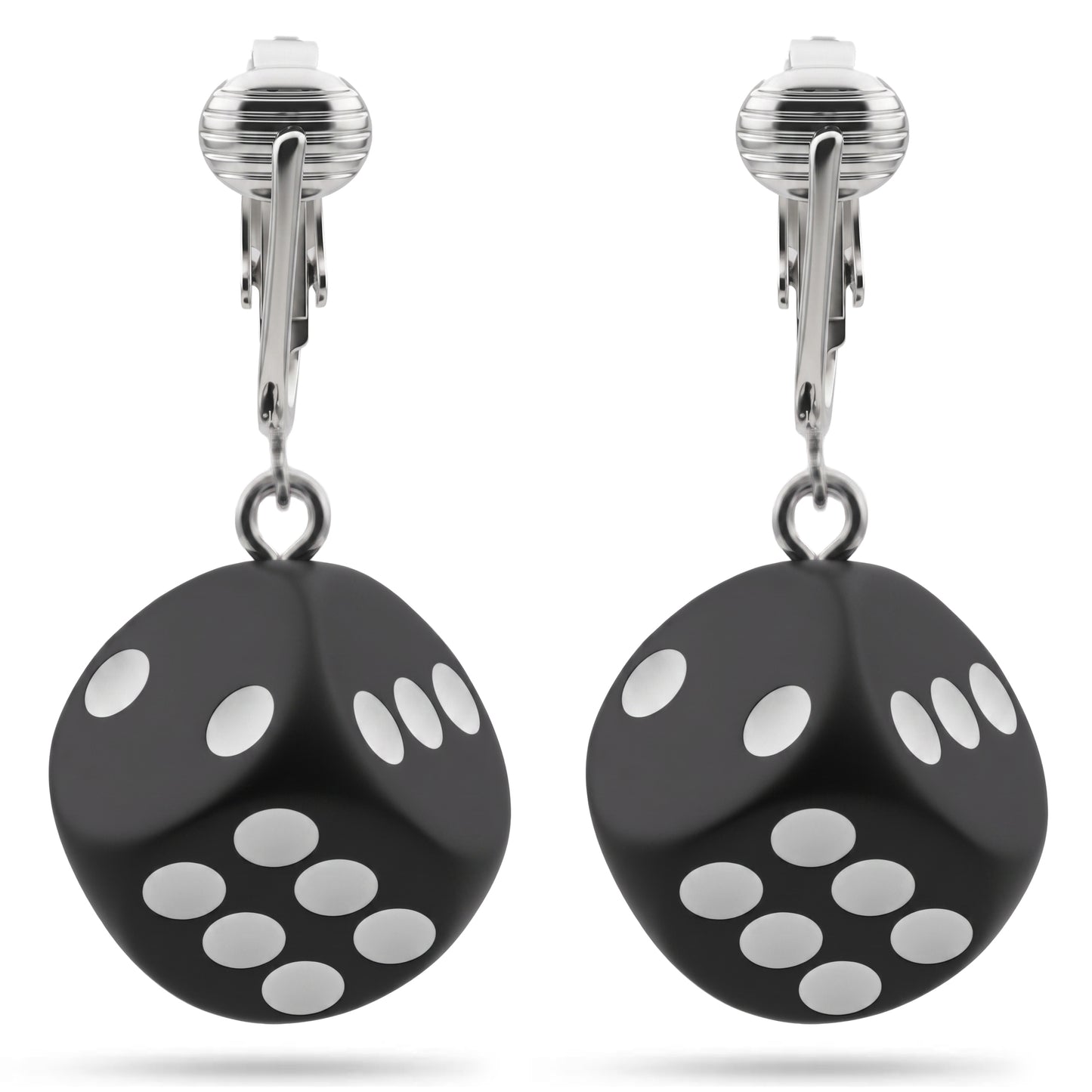 Black Dice Silver Clip On Dangling Earrings