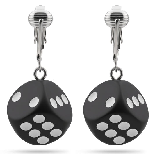Black Dice Silver Clip On Dangling Earrings