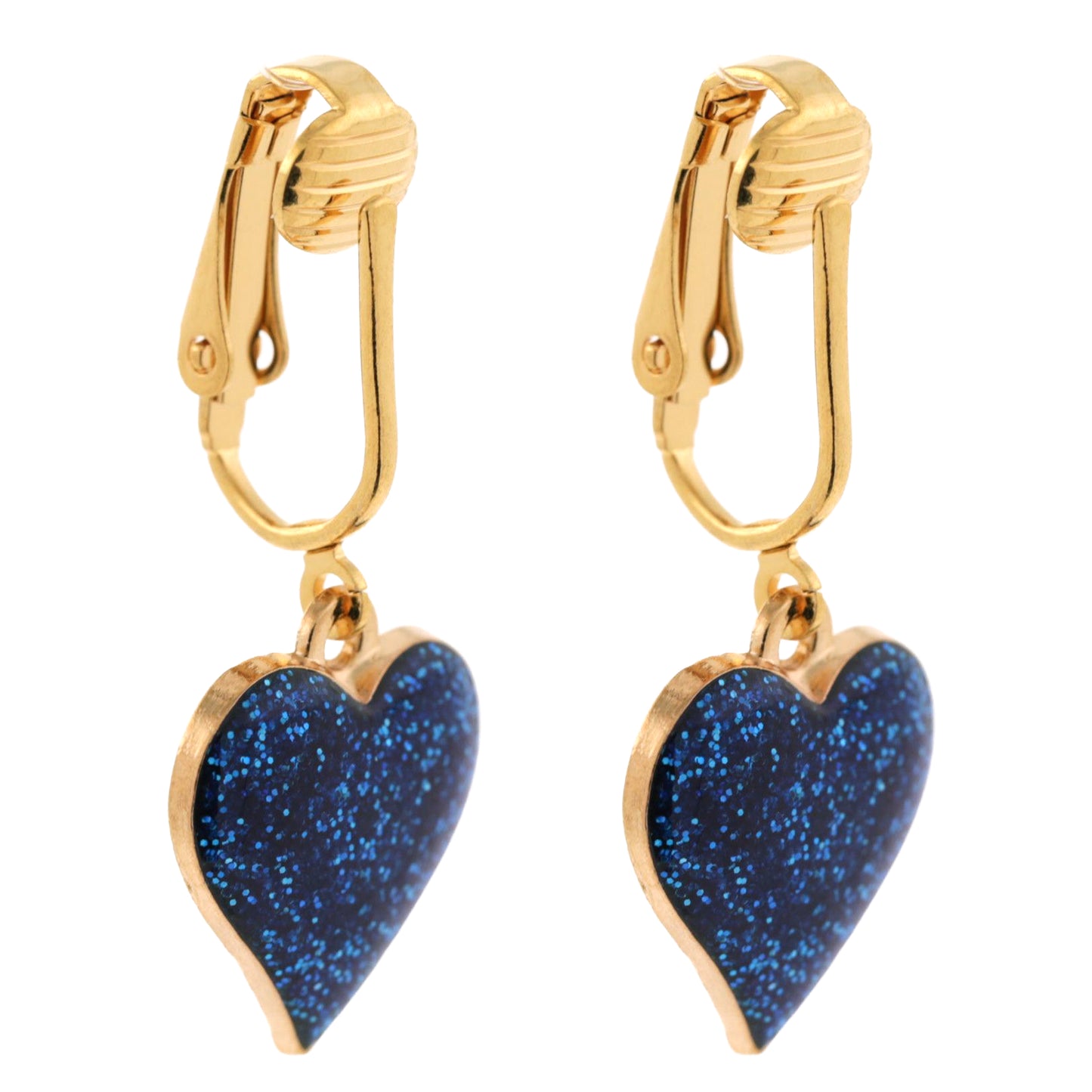 Sparkle Hearts Gold Clip On Dangling Earrings