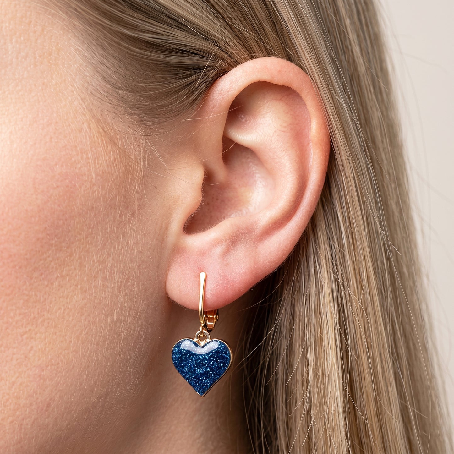 Sparkle Hearts Gold Clip On Dangling Earrings