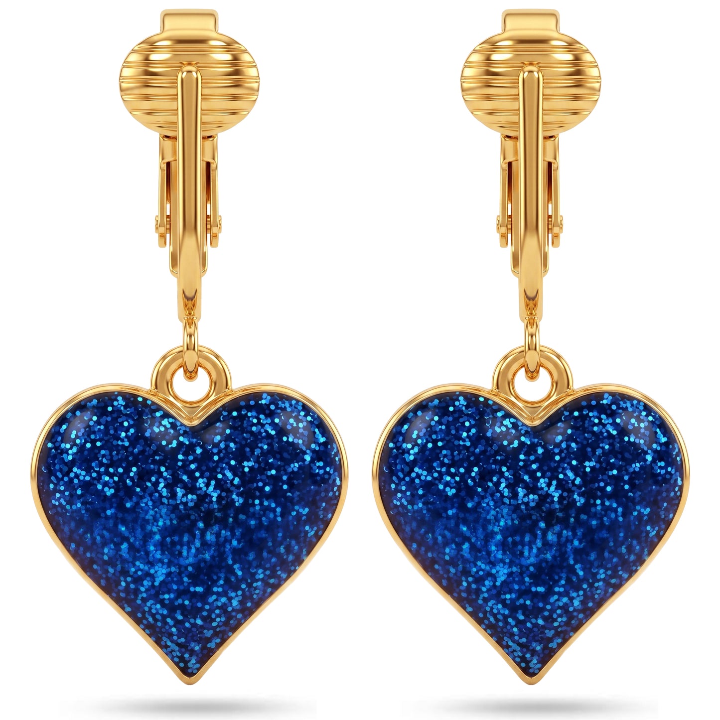 Sparkle Hearts Gold Clip On Dangling Earrings