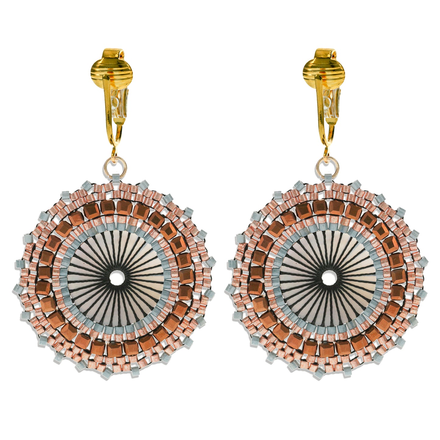 Gold Beaded Circle Clip On Dangling Earrings