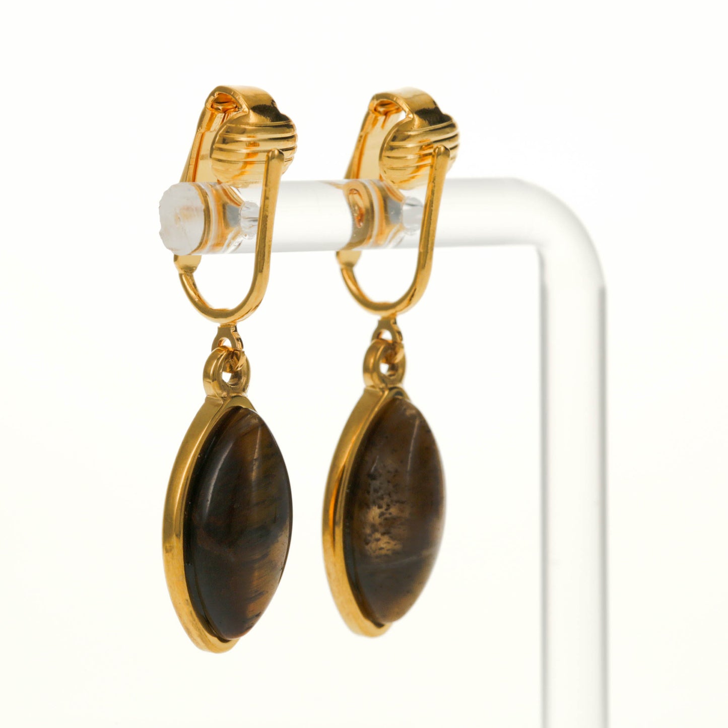 Gold Marquise Shaped Clip On Dangling Earrings