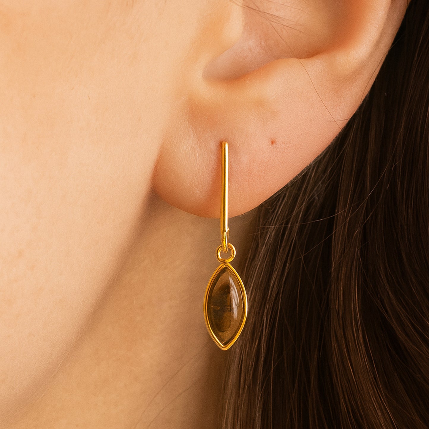 Gold Marquise Shaped Clip On Dangling Earrings