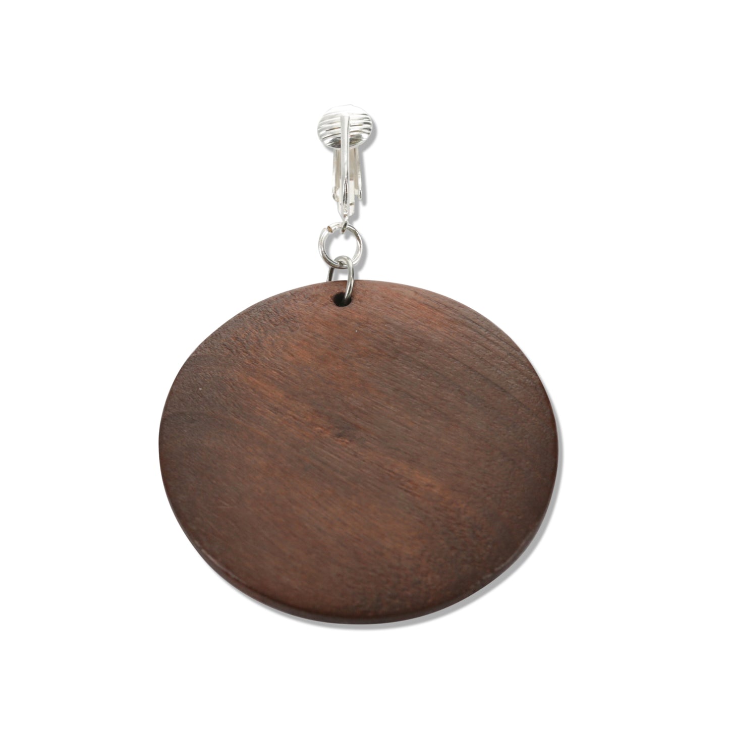 Silver Wooden Brown Circles Clip On Dangling Earrings
