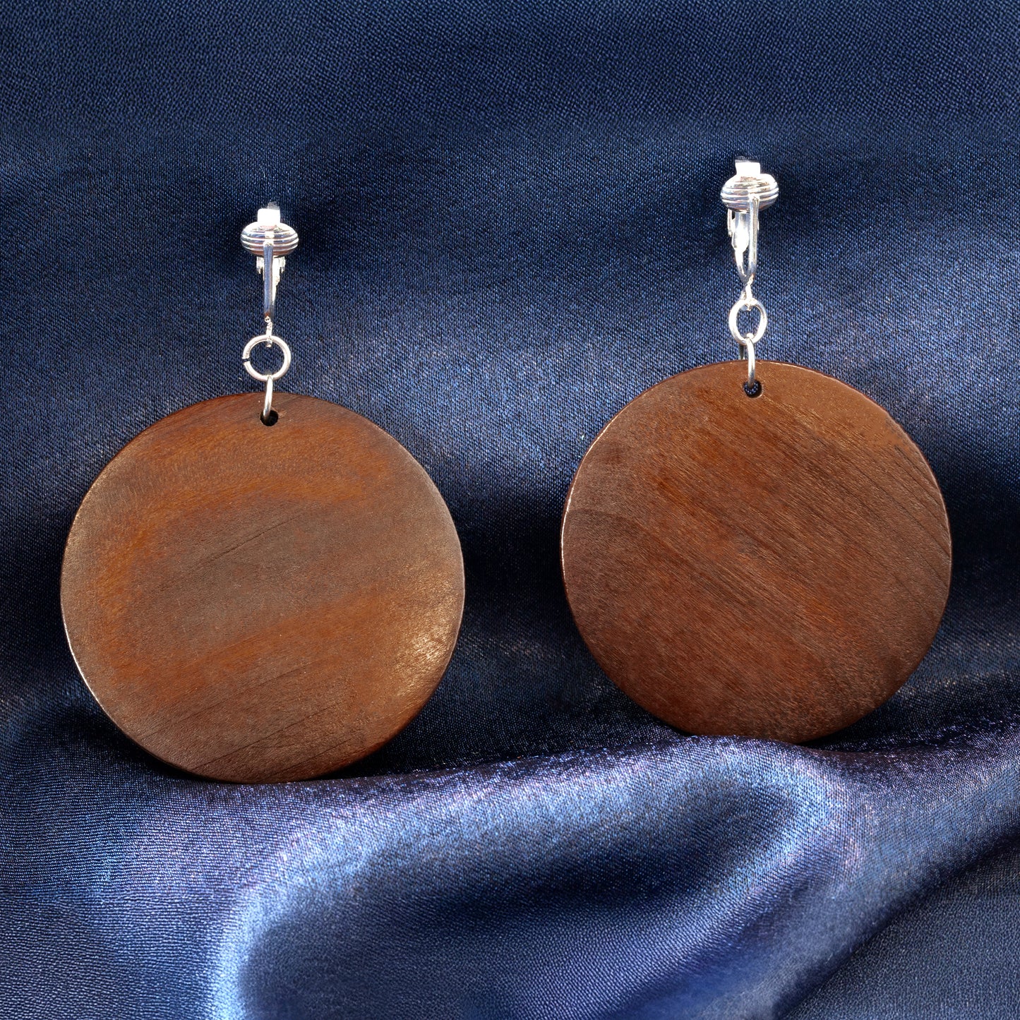 Silver Wooden Brown Circles Clip On Dangling Earrings