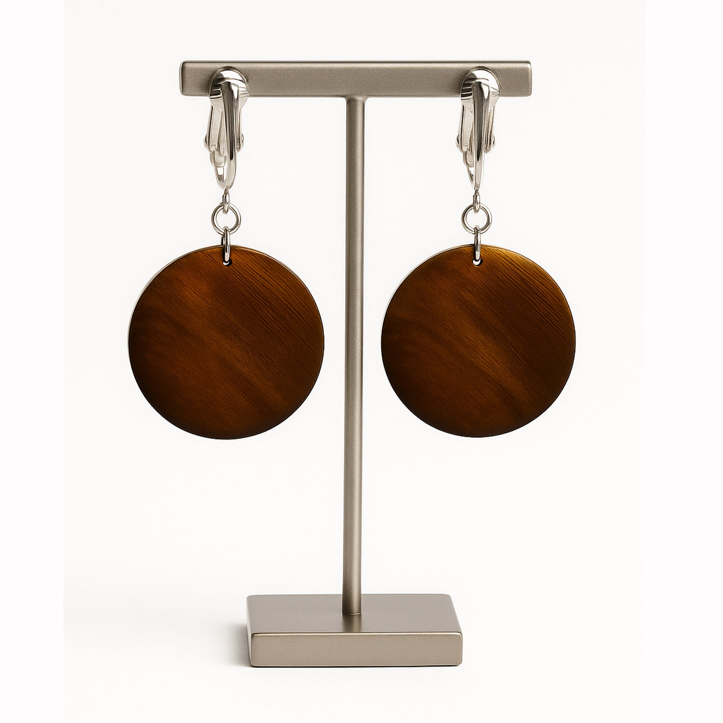Silver Wooden Brown Circles Clip On Dangling Earrings