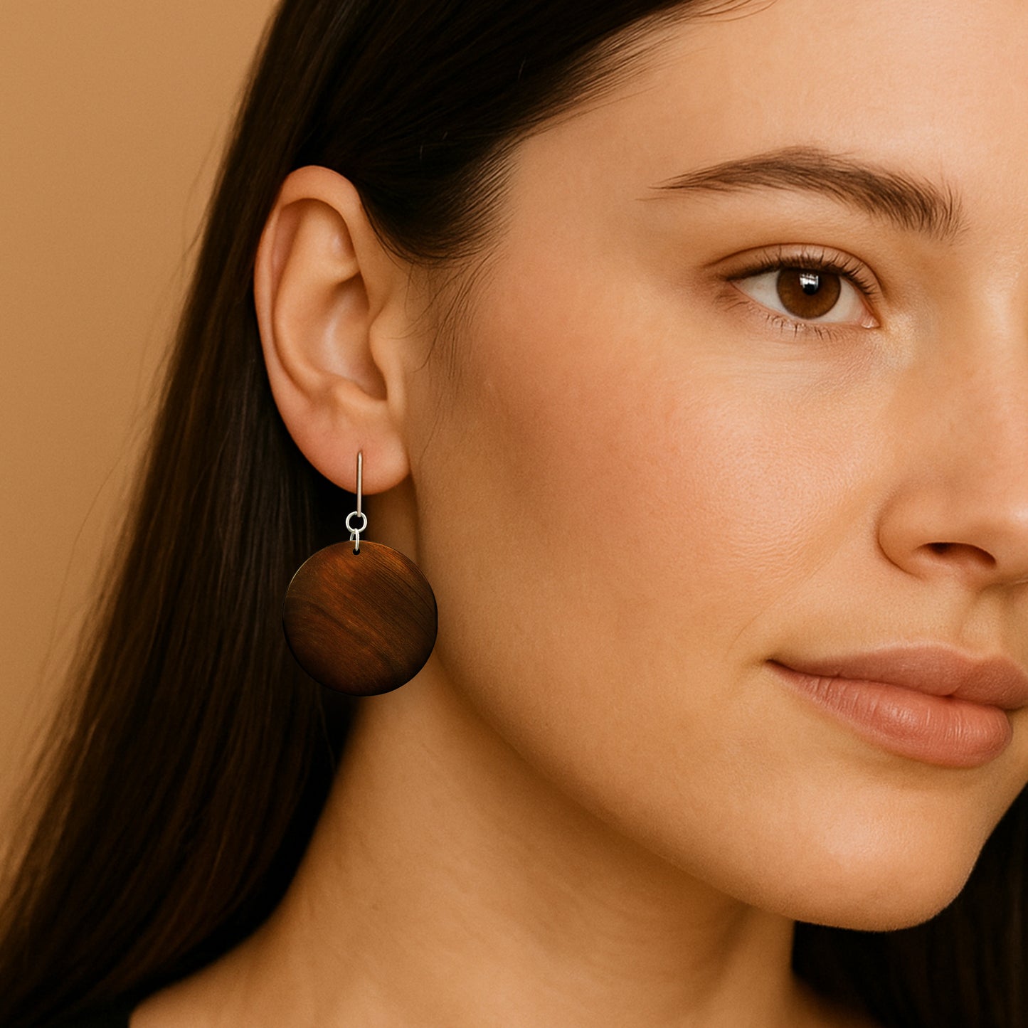Silver Wooden Brown Circles Clip On Dangling Earrings