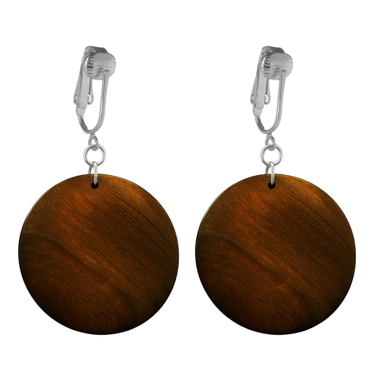 Silver Wooden Brown Circles Clip On Dangling Earrings