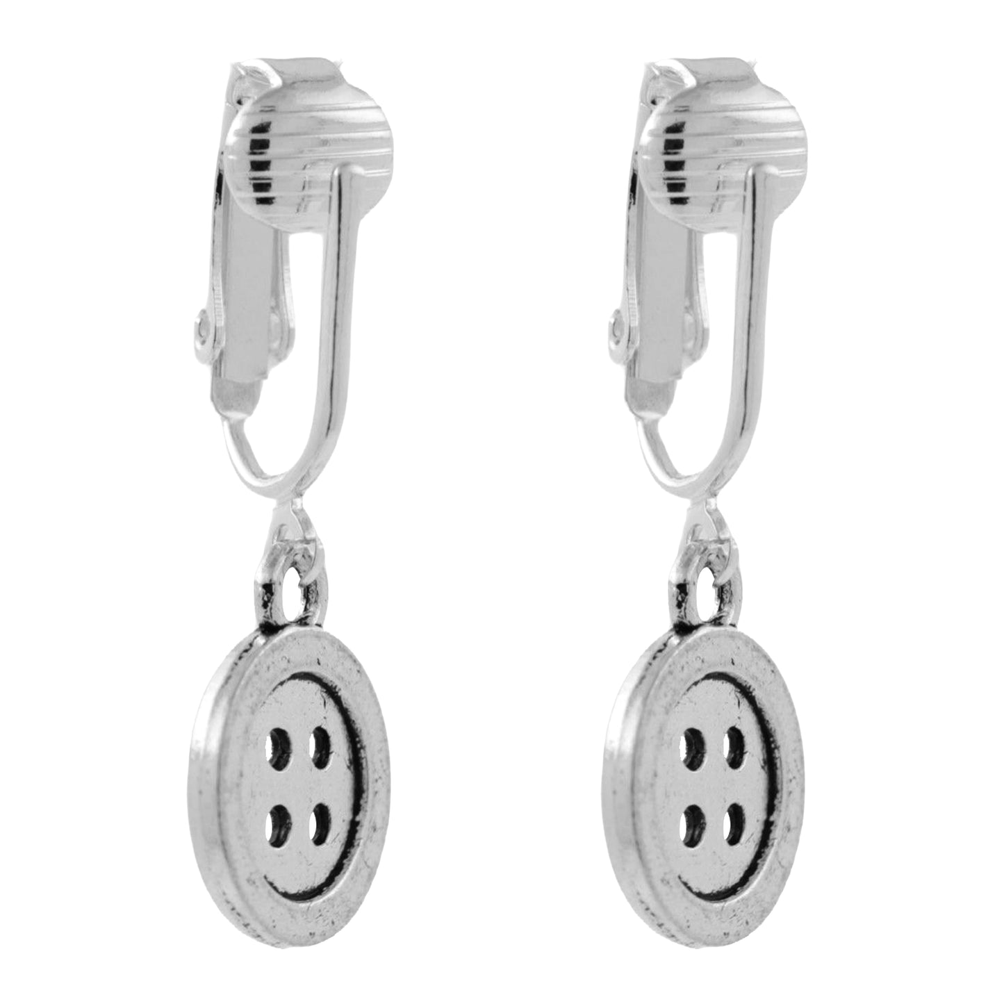Silver Buttons Clip On Dangling Earrings