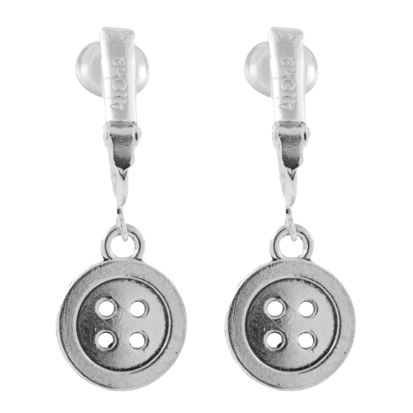 Silver Buttons Clip On Dangling Earrings