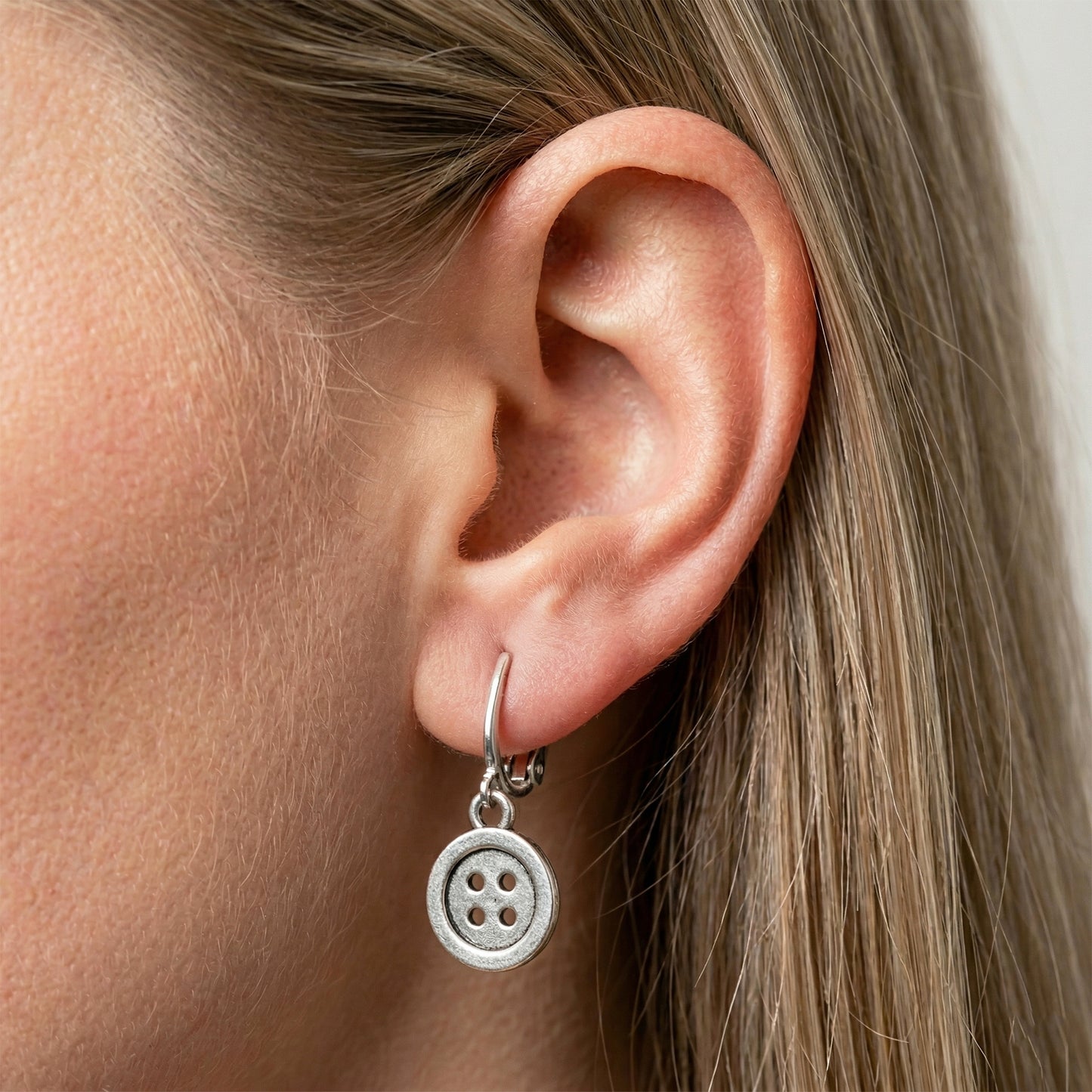 Silver Buttons Clip On Dangling Earrings