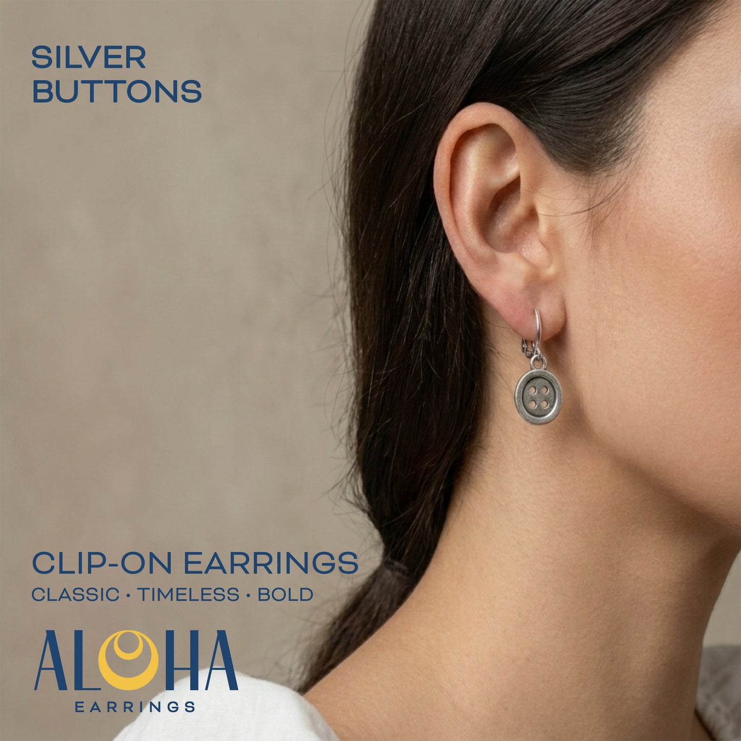 Silver Buttons Clip On Dangling Earrings