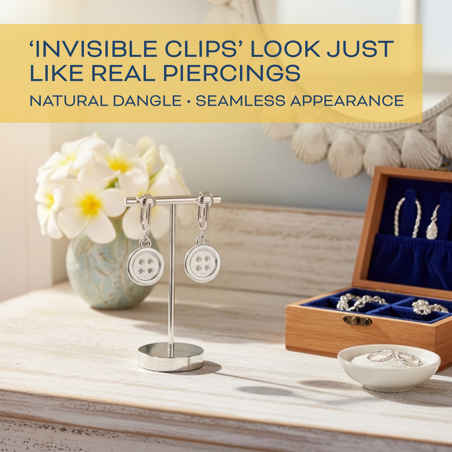Silver Buttons Clip On Dangling Earrings