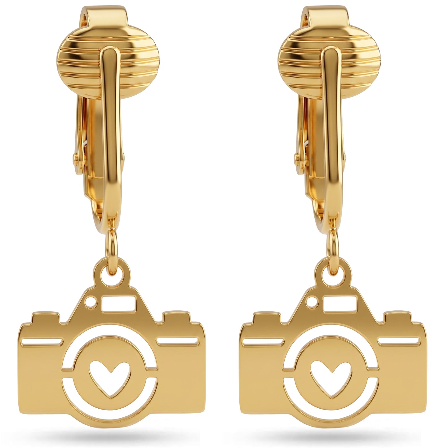 Gold Camera Clip On Dangling Earrings