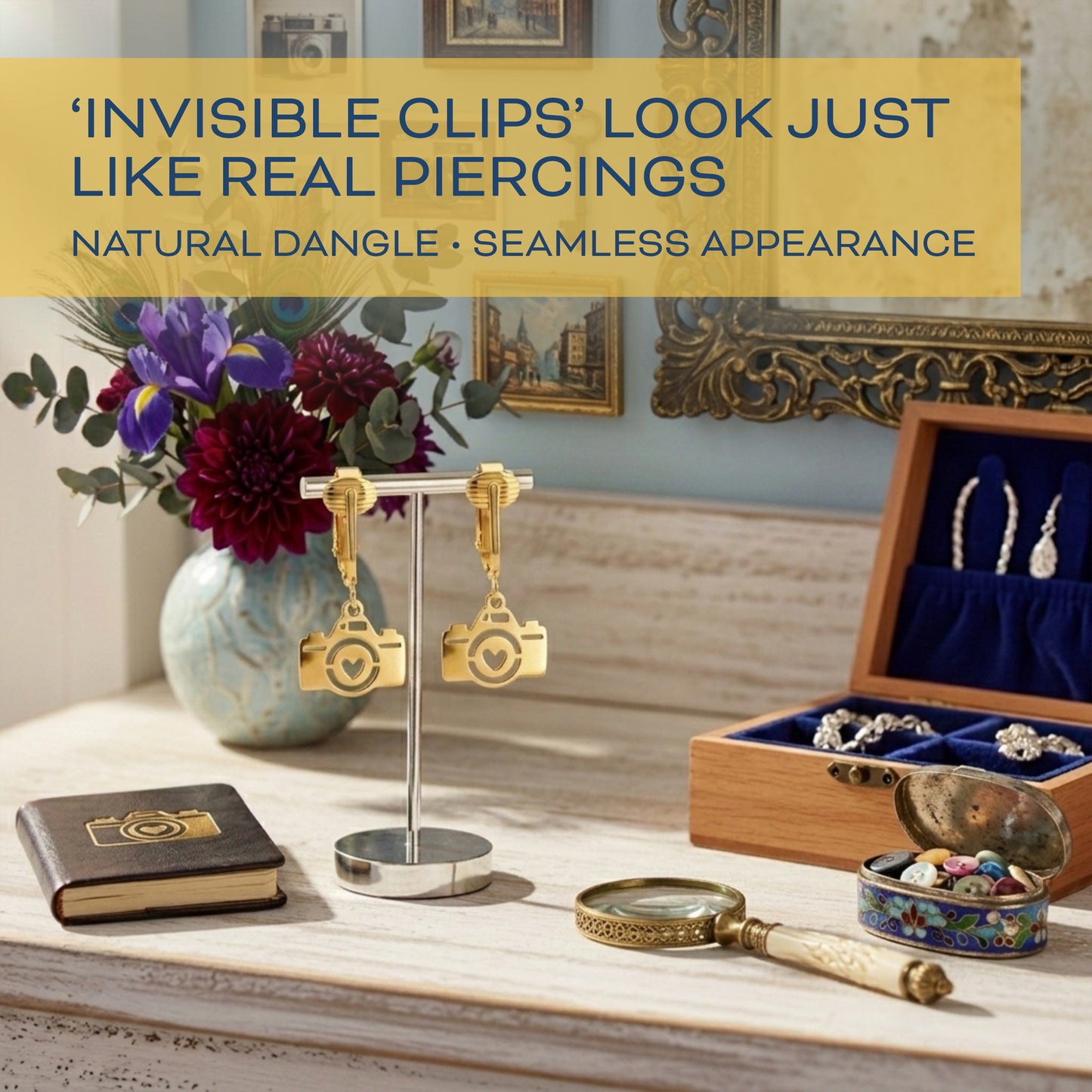 Gold Camera Clip On Dangling Earrings