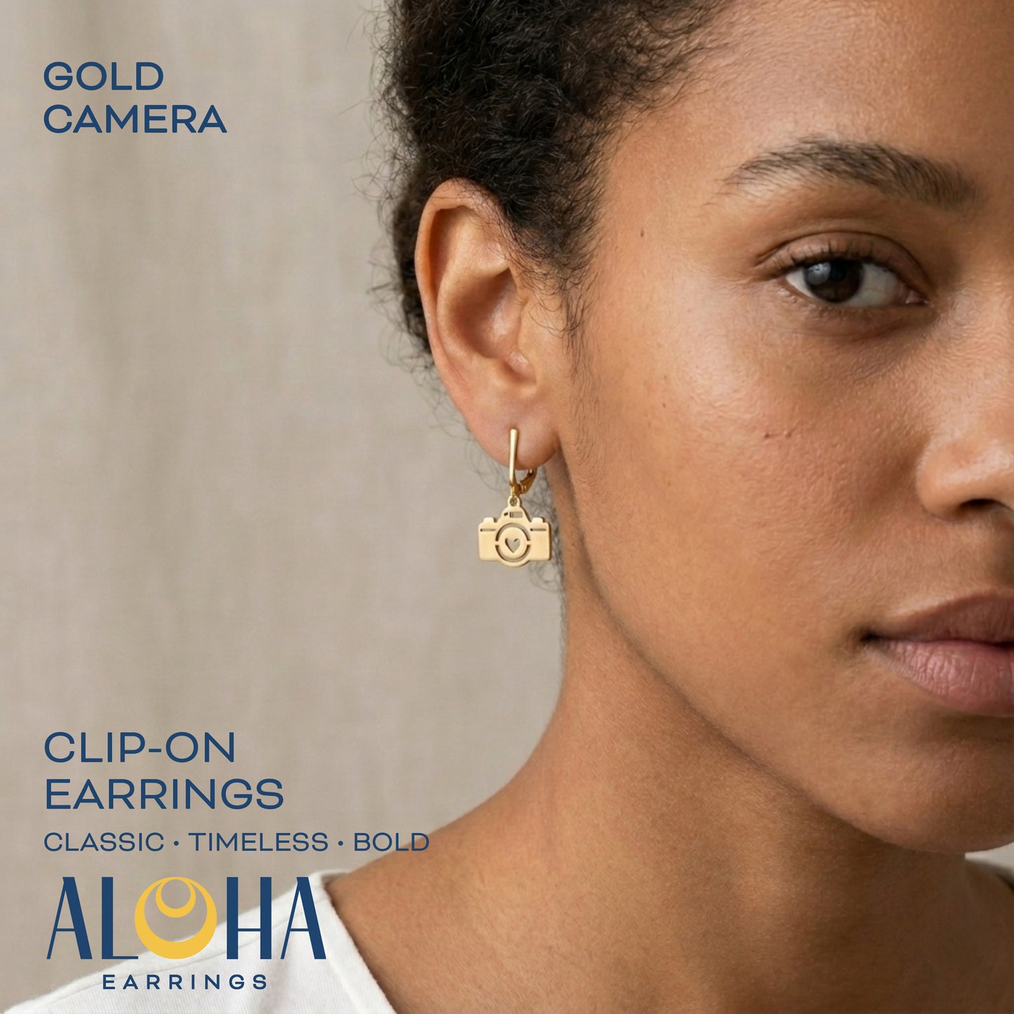 Gold Camera Clip On Dangling Earrings