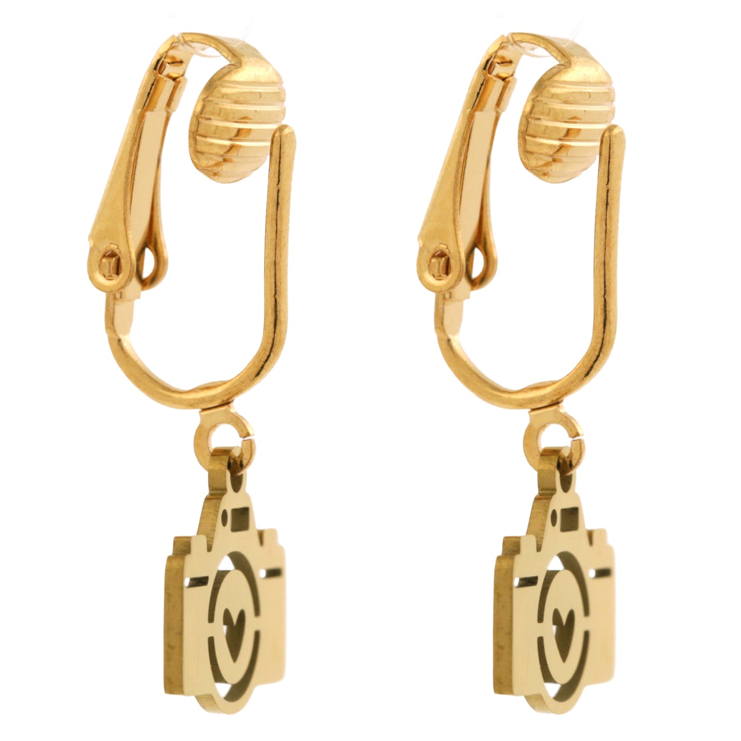 Gold Camera Clip On Dangling Earrings