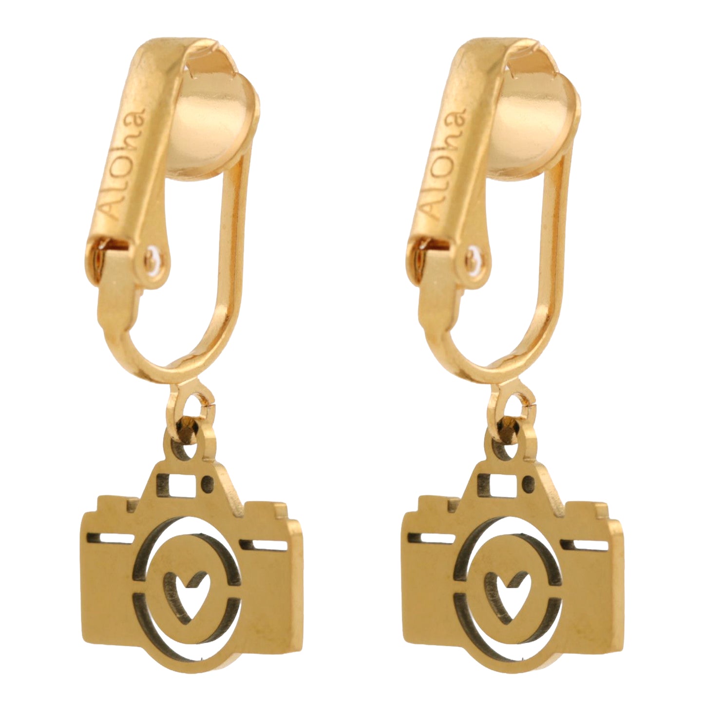 Gold Camera Clip On Dangling Earrings