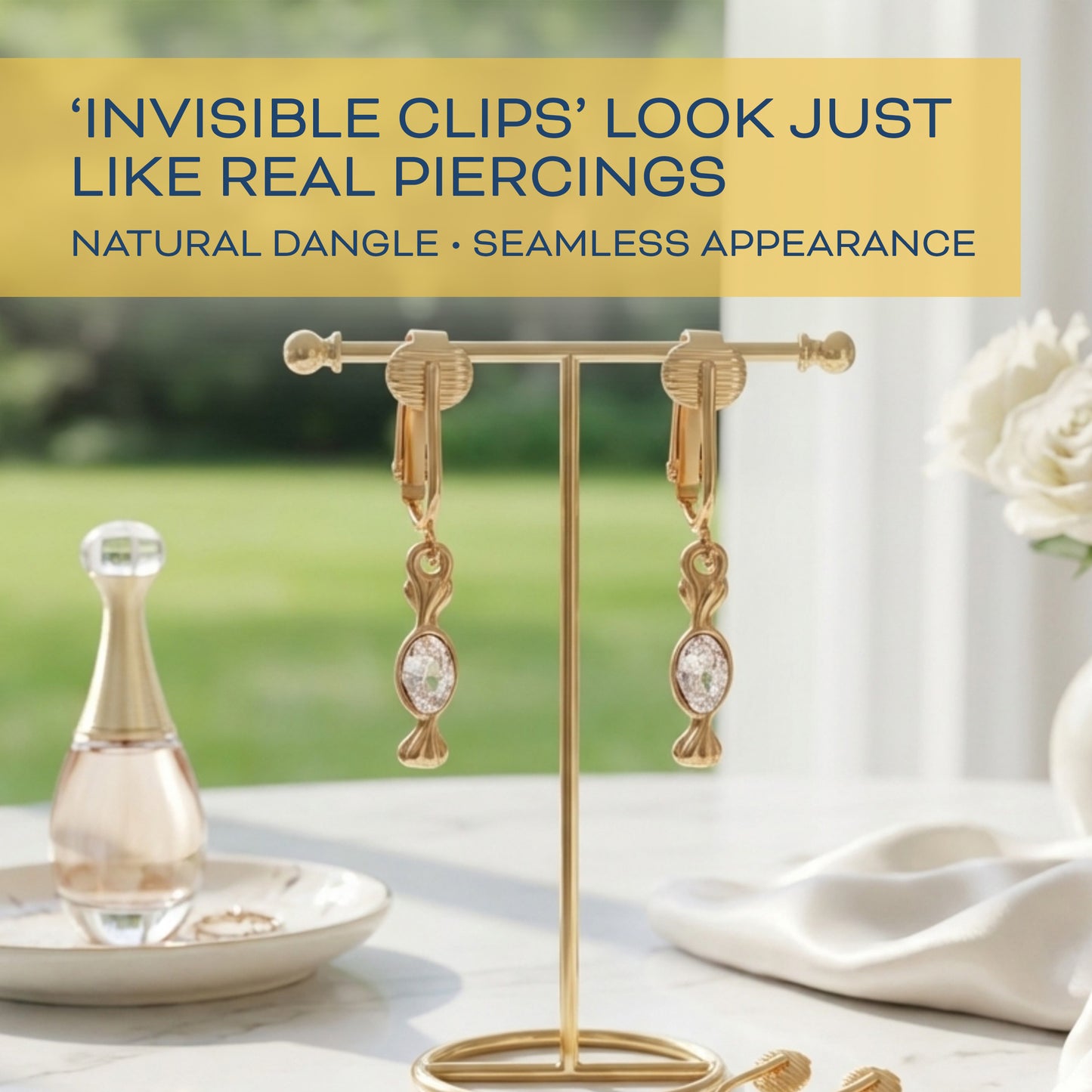 Gold Crystal Candy Clip On Dangling Earrings