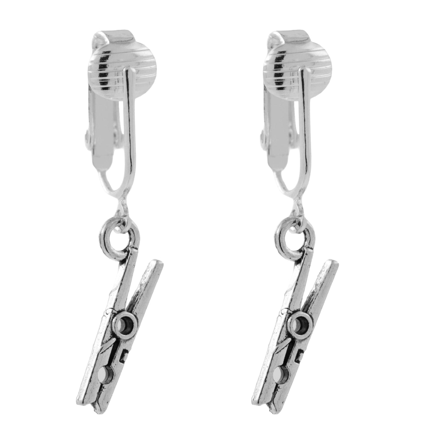 Silver Clothespins Clip On Dangling Earrings