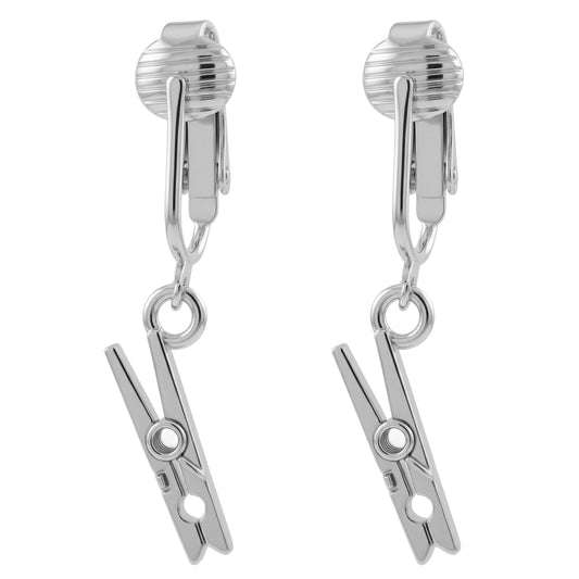 Silver Clothespins Clip On Dangling Earrings