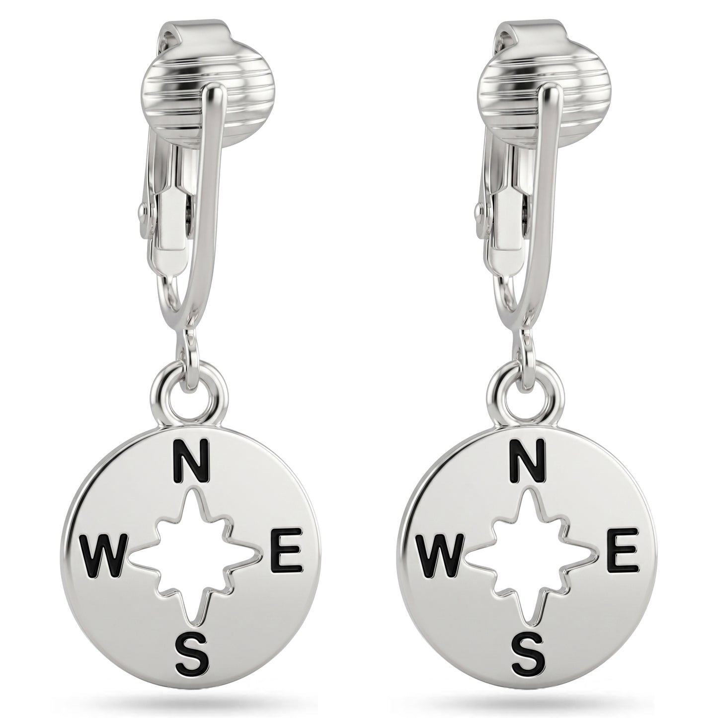 Silver Compass Clip On Dangling Earrings