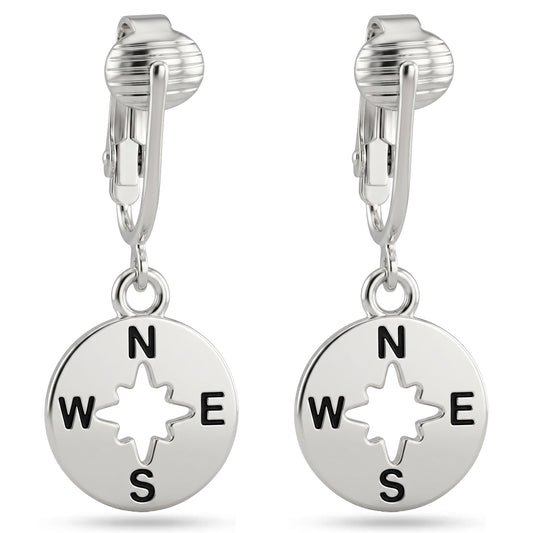 Silver Compass Clip On Dangling Earrings