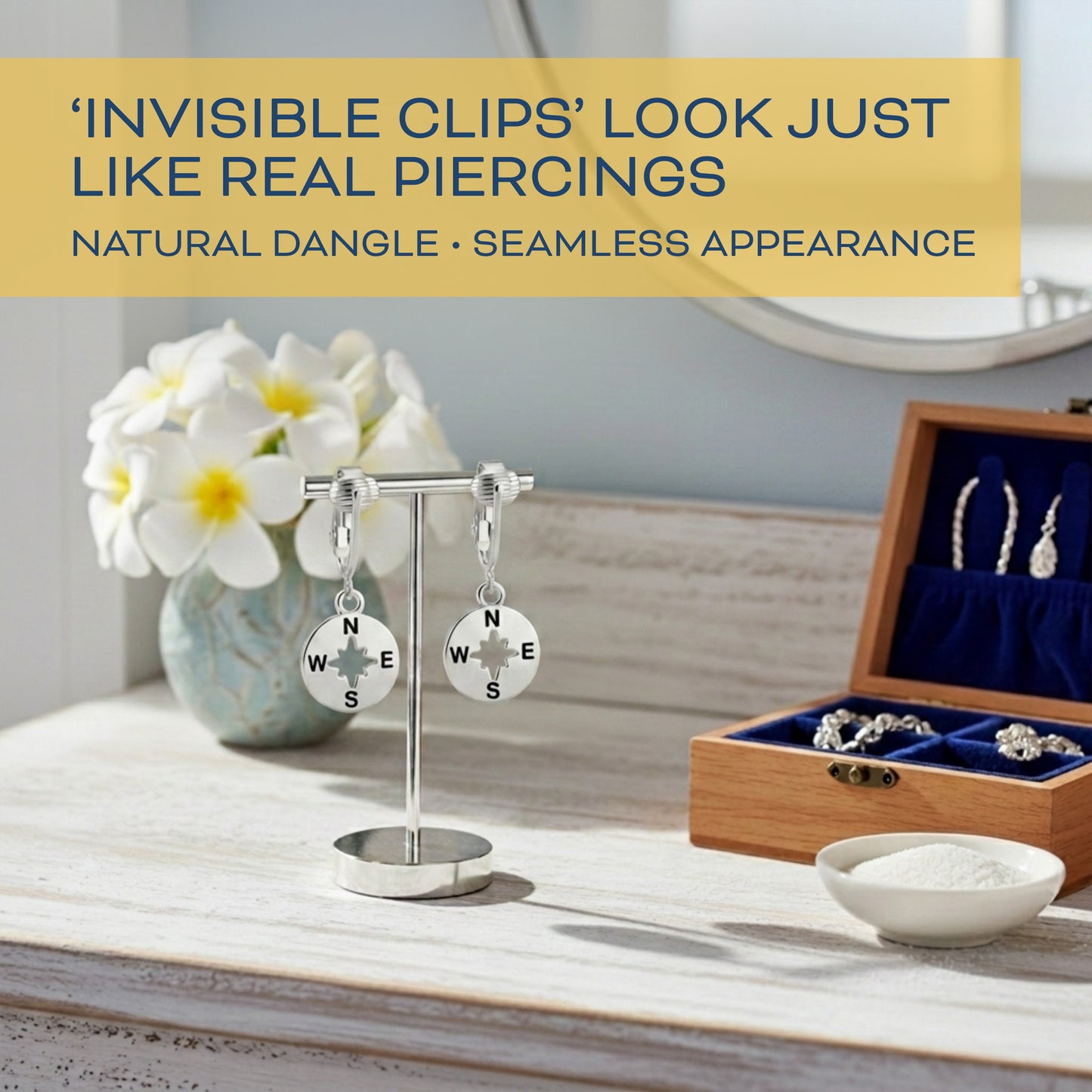 Silver Compass Clip On Dangling Earrings