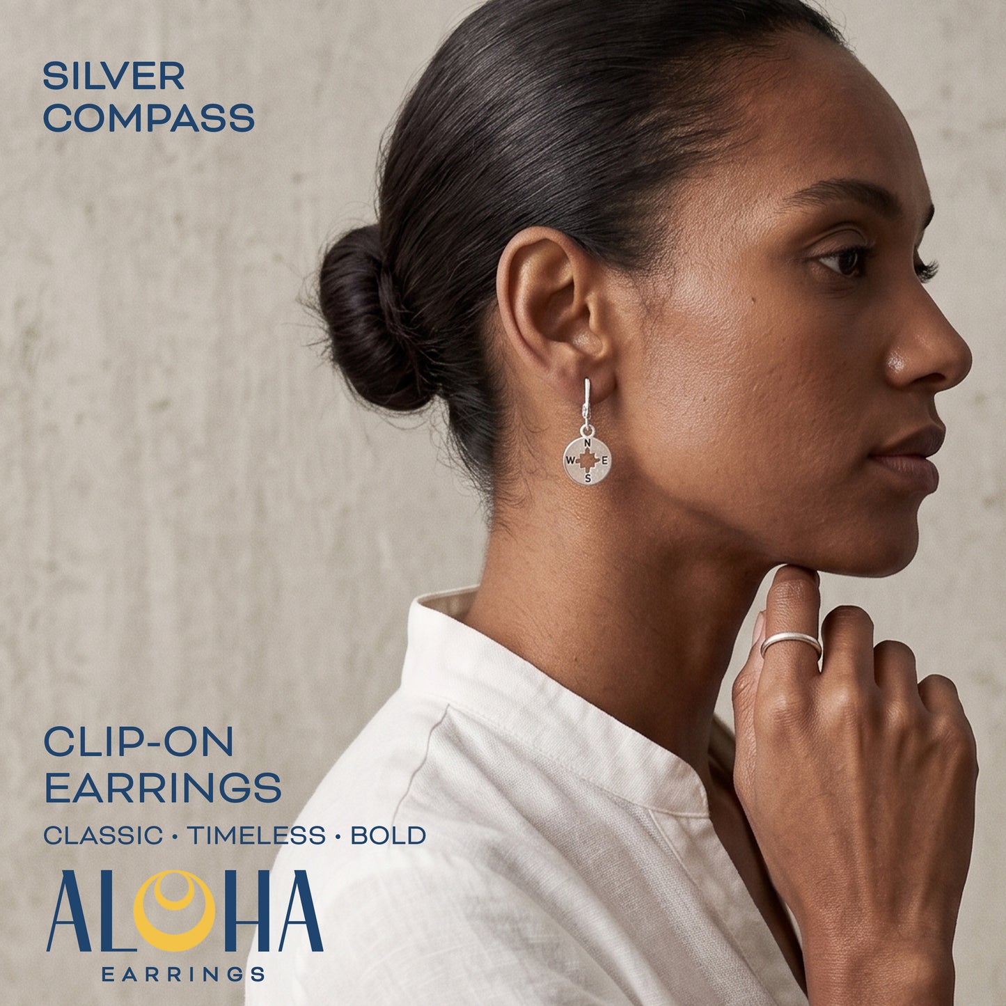 Silver Compass Clip On Dangling Earrings