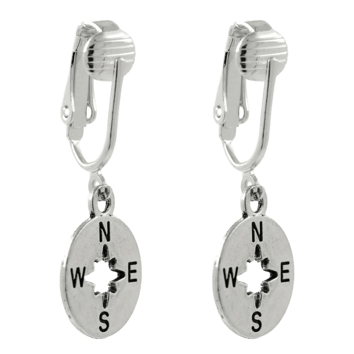 Silver Compass Clip On Dangling Earrings