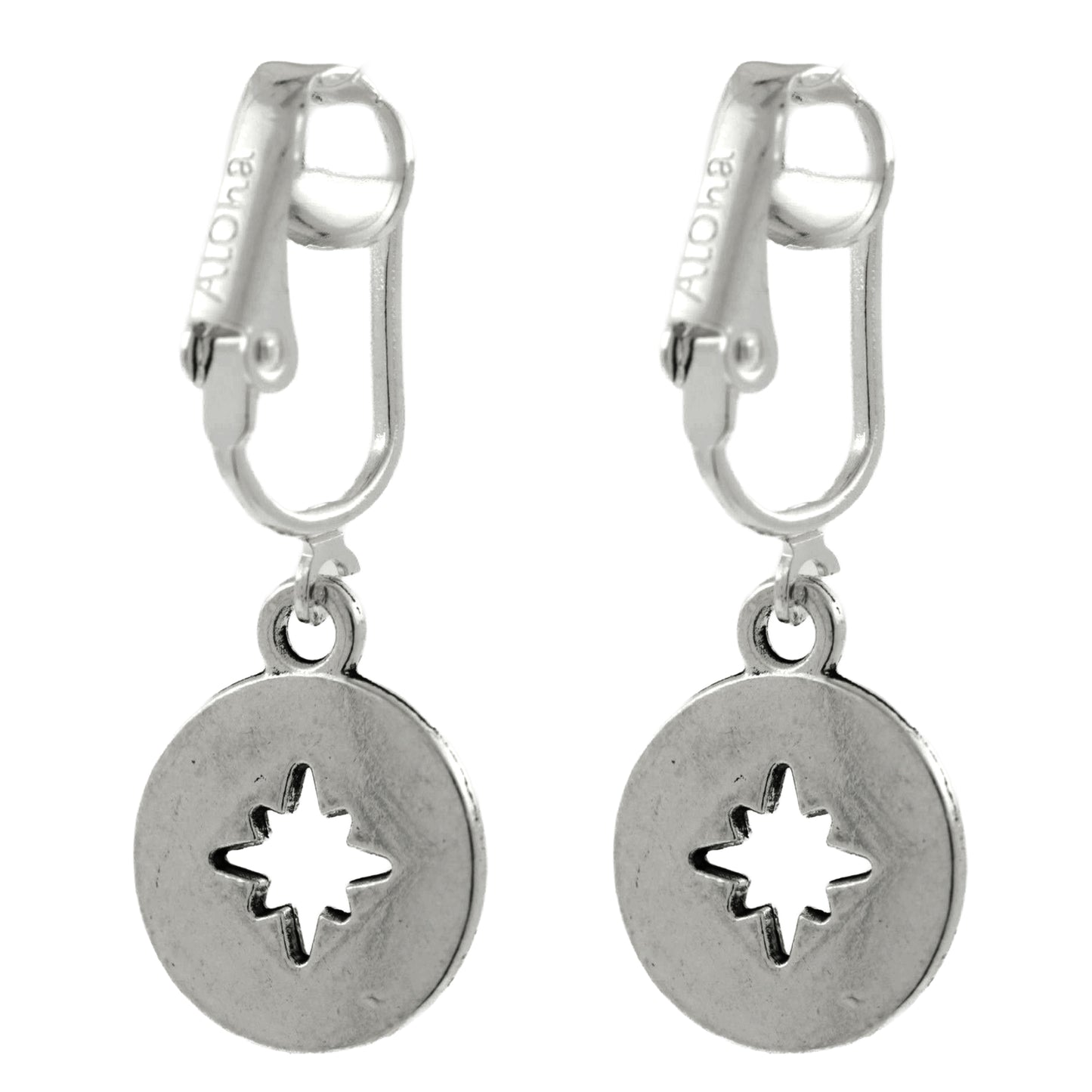 Silver Compass Clip On Dangling Earrings
