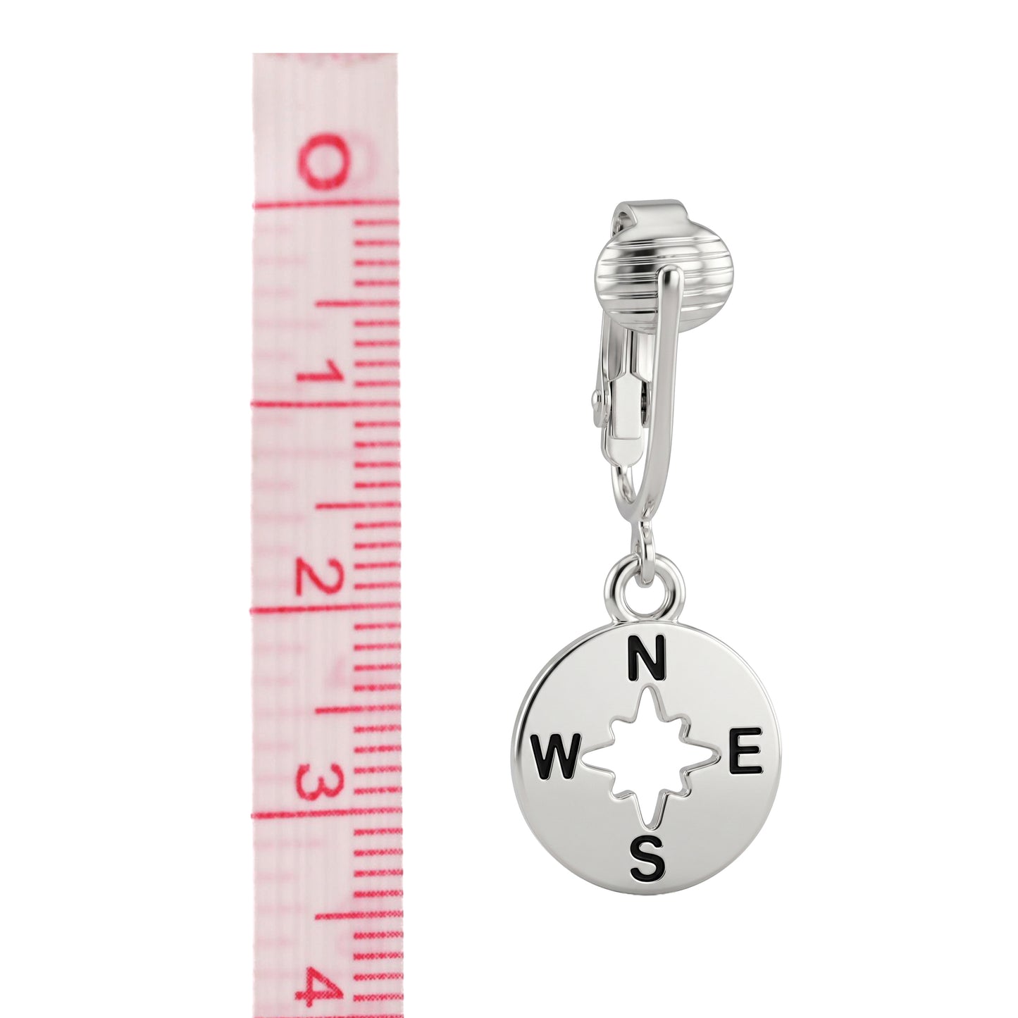 Silver Compass Clip On Dangling Earrings