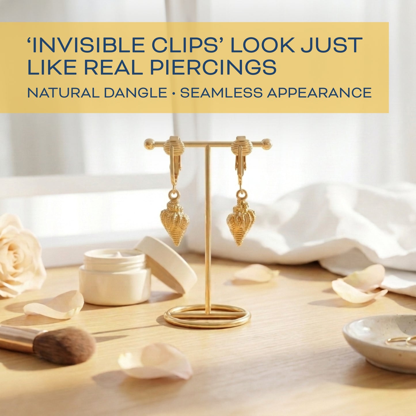 Gold Conch Shells Clip On Dangling Earrings