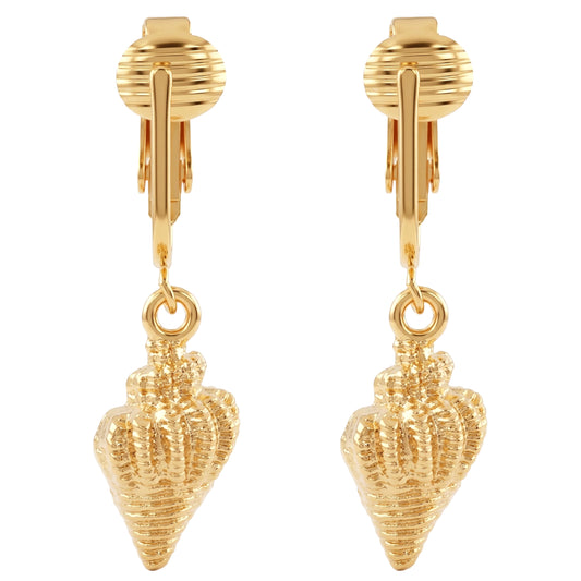 Gold Conch Shells Clip On Dangling Earrings