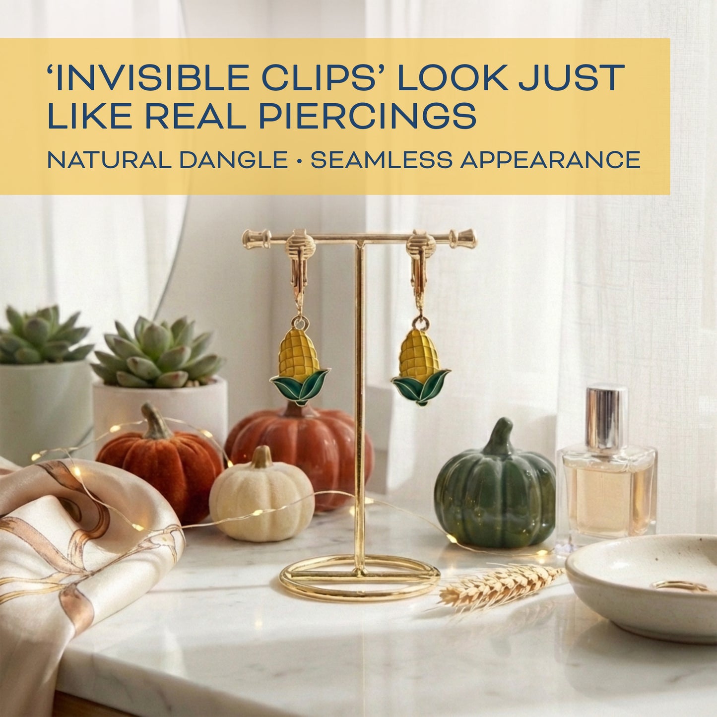 Corn Gold Clip On Dangling Earrings