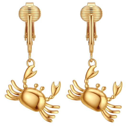 Gold Crabs Clip On Dangling Earrings