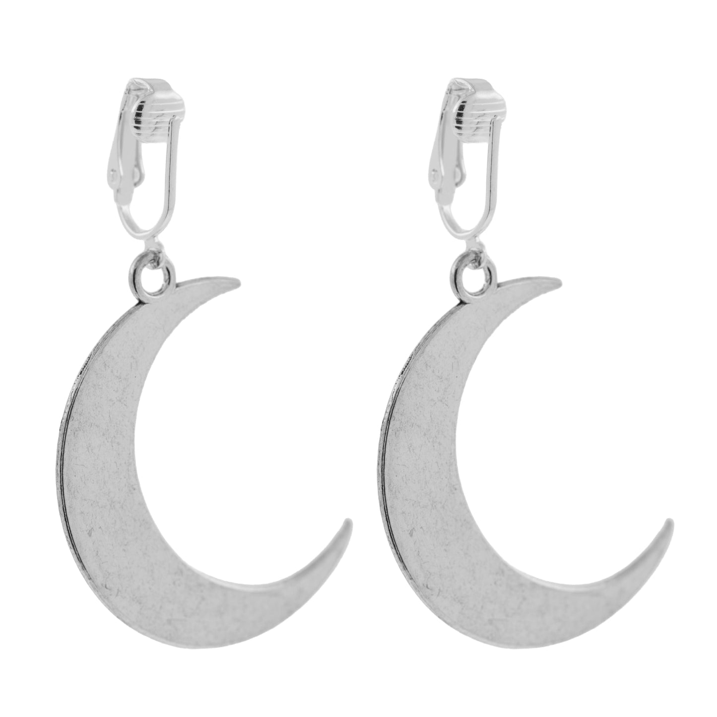 Silver Crescent Moon Clip On Dangling Earrings