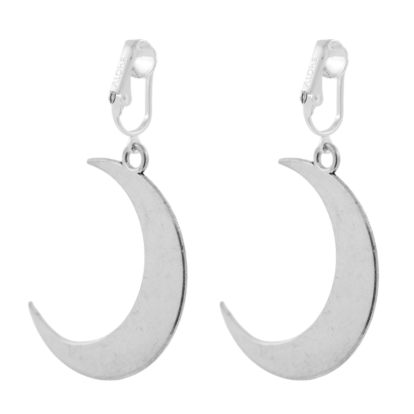 Silver Crescent Moon Clip On Dangling Earrings