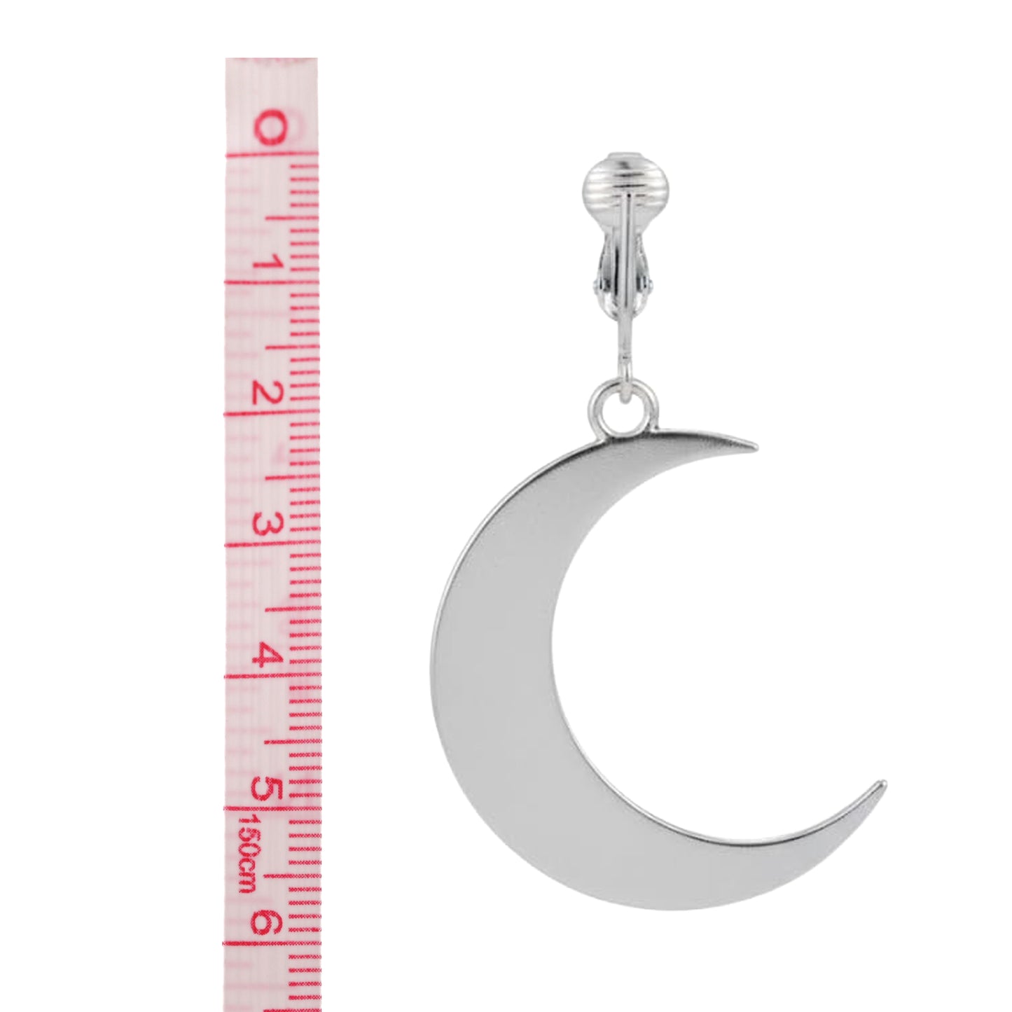 Silver Crescent Moon Clip On Dangling Earrings