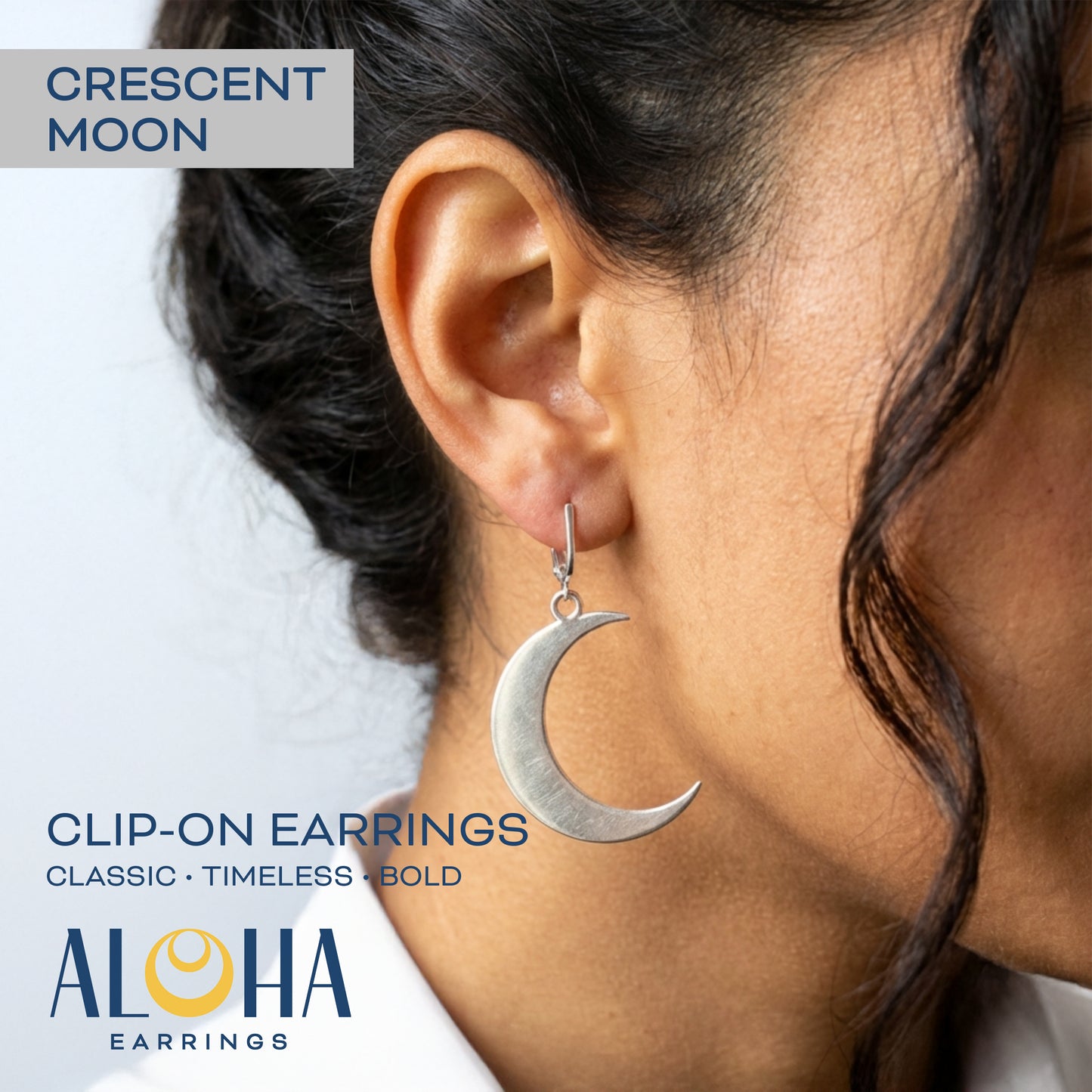 Silver Crescent Moon Clip On Dangling Earrings