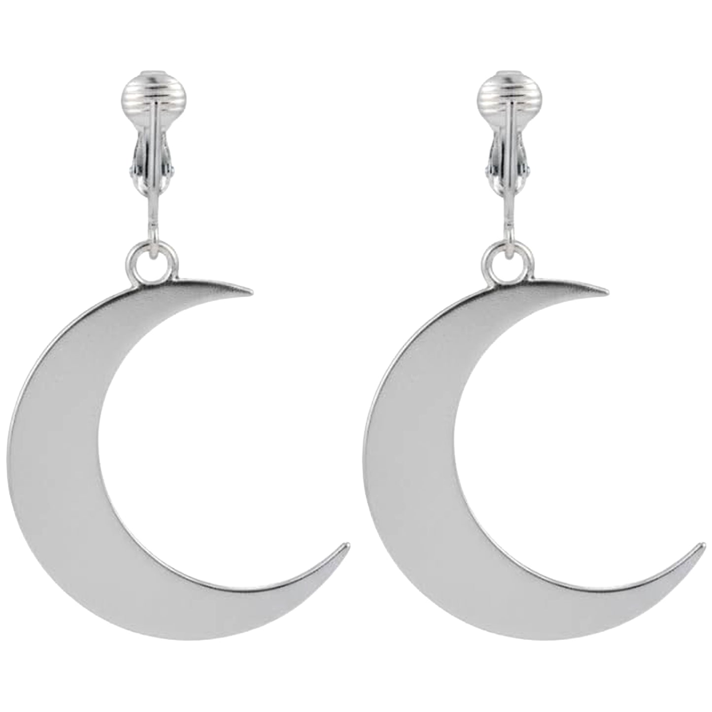 Silver Crescent Moon Clip On Dangling Earrings