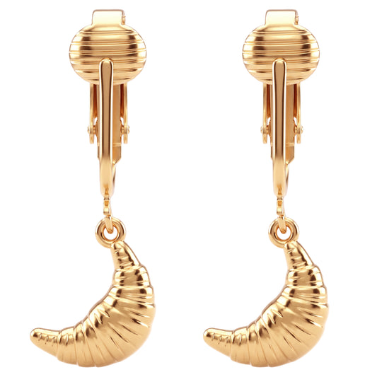 Gold Croissant Clip On Dangling Earrings