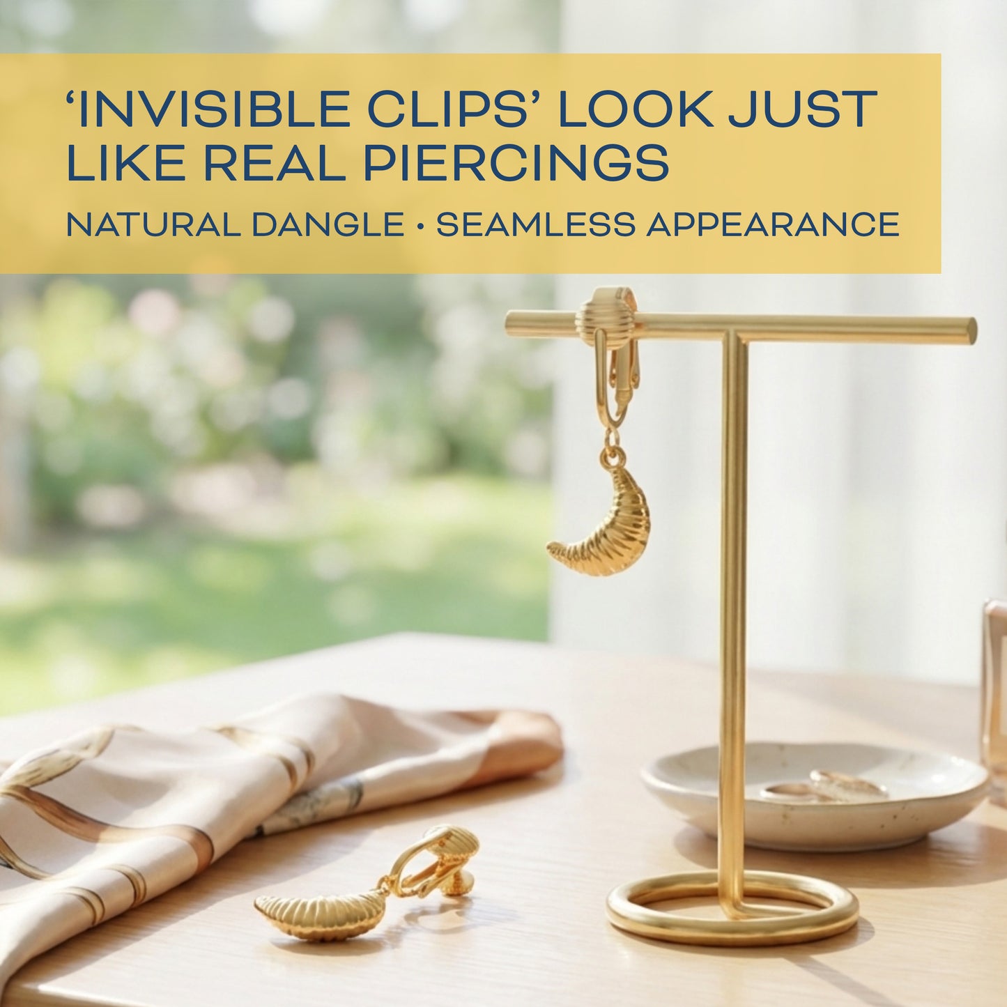 Gold Croissant Clip On Dangling Earrings