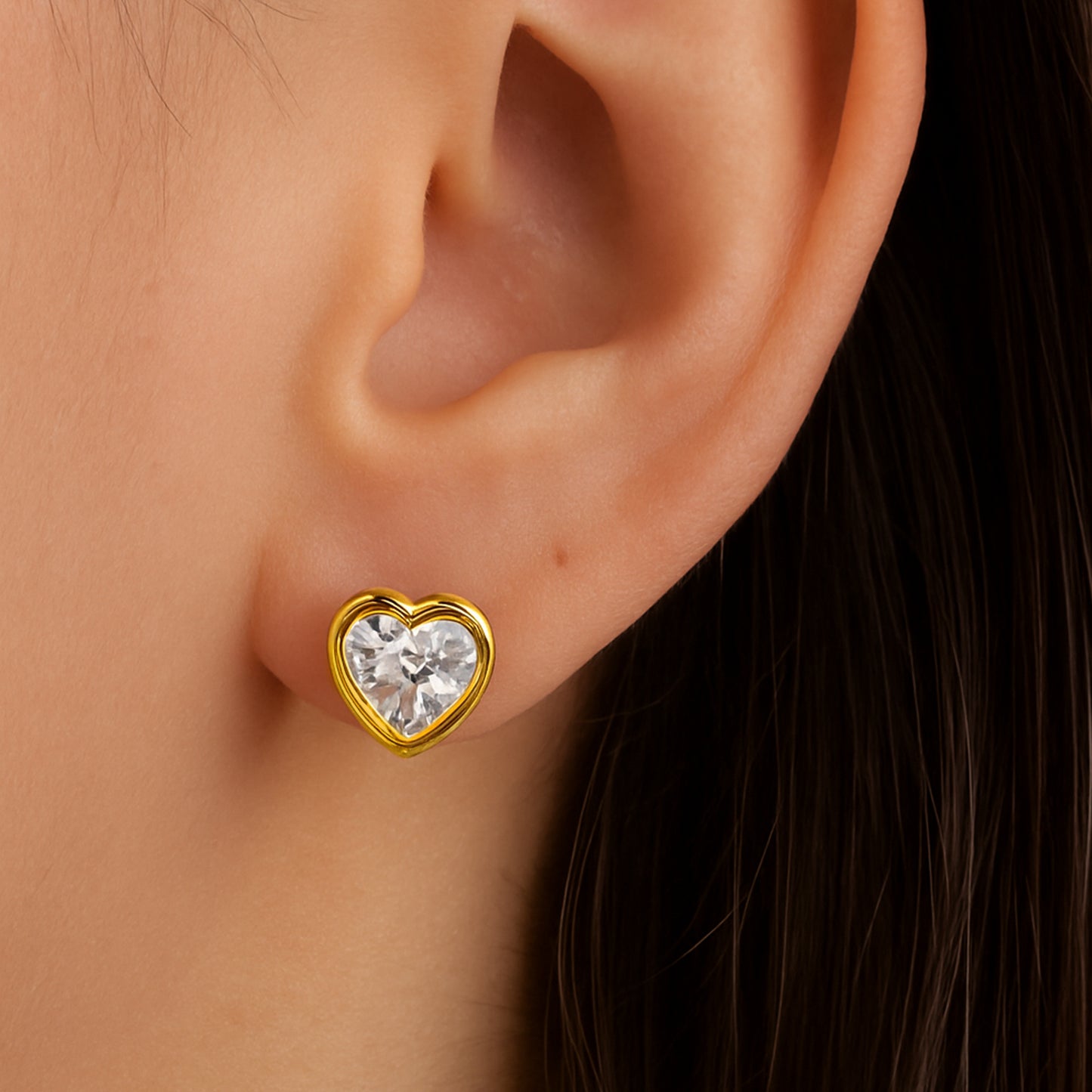 Gold Crystal Heart Clip On Stud Earrings