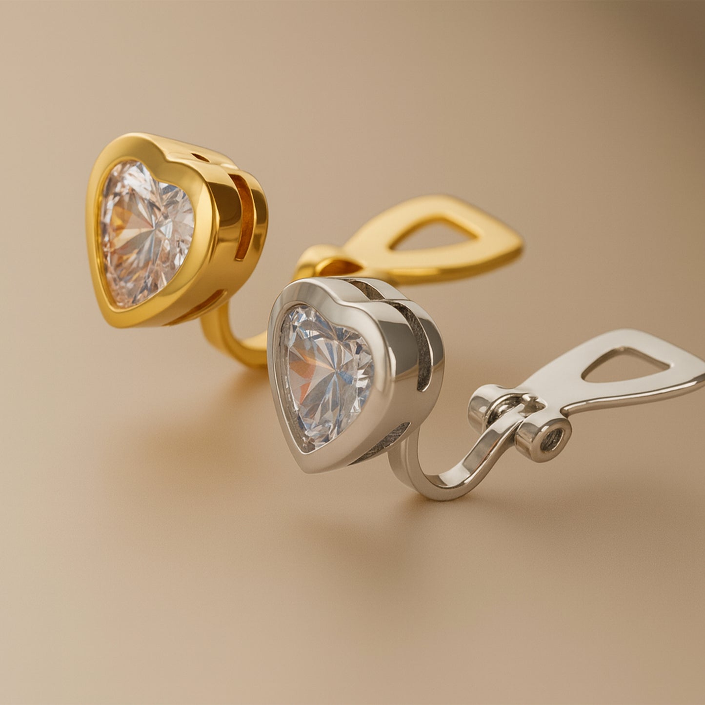 Silver Crystal Heart Clip On Stud Earrings