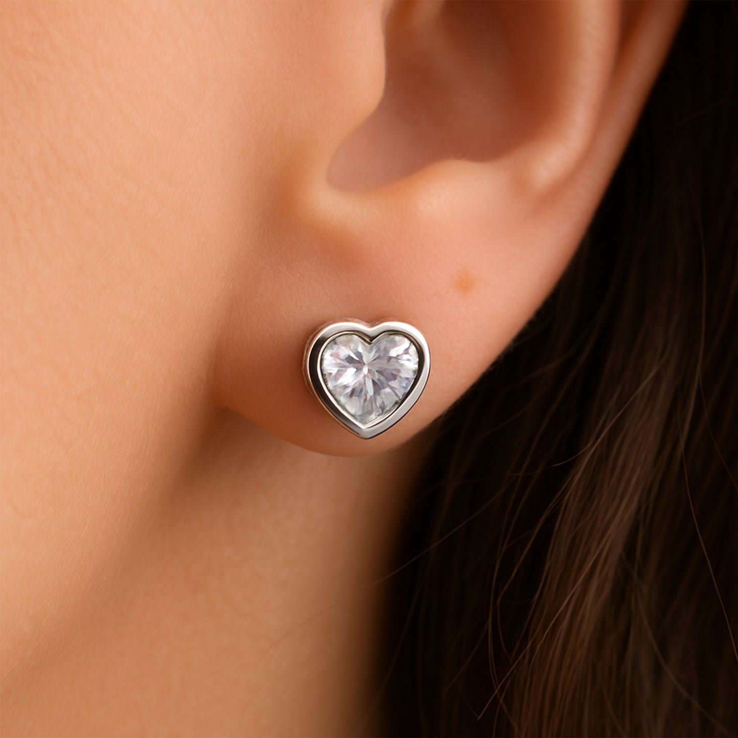 Silver Crystal Heart Clip On Stud Earrings